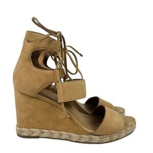 Frye Roberta Ghillie Tan Suede Lace Gladiator Espadrille Wedge Sandals Women 8.5